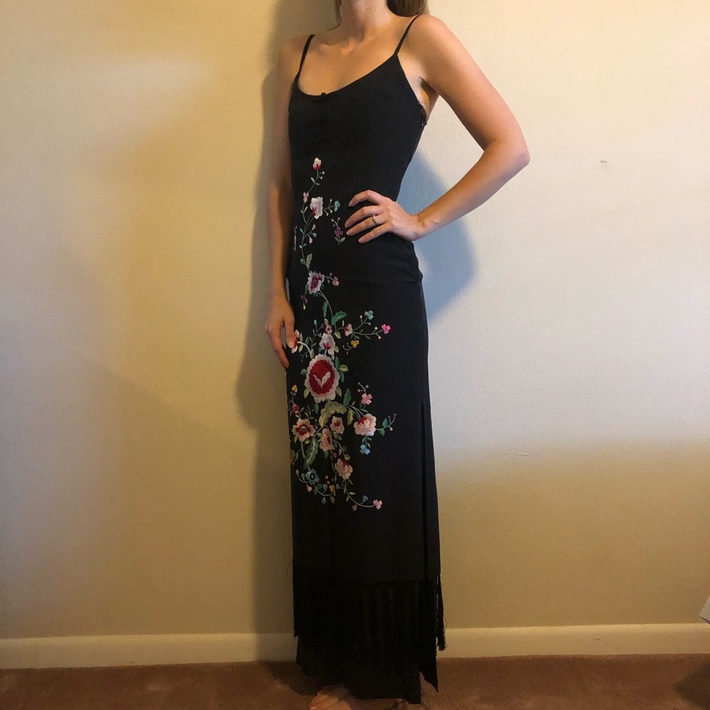 Sue Wong 100% Silk Black Boho Fringe Dress